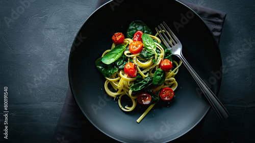 Pasta with fork in black plate 