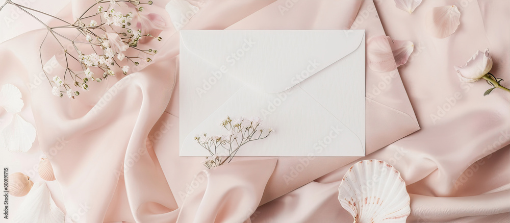 White sheet of paper on a bed of pink fabric and twigs with flowers
White sheet of paper on a bed of pink fabric and twigs with flowers