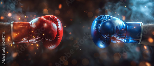 Two boxing gloves punch. fighting boxing gloves with copy space on both sides. Generative AI