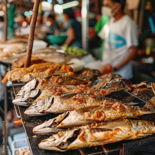 A bunch of crispy fried fish laid out at a market