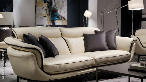 Modern cream colored sofa in the living room, generated by AI © Lale