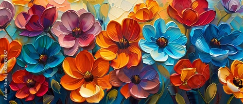 Folk art flowers in brilliant colors  bright sunlight  macro perspective  detailed petal textures