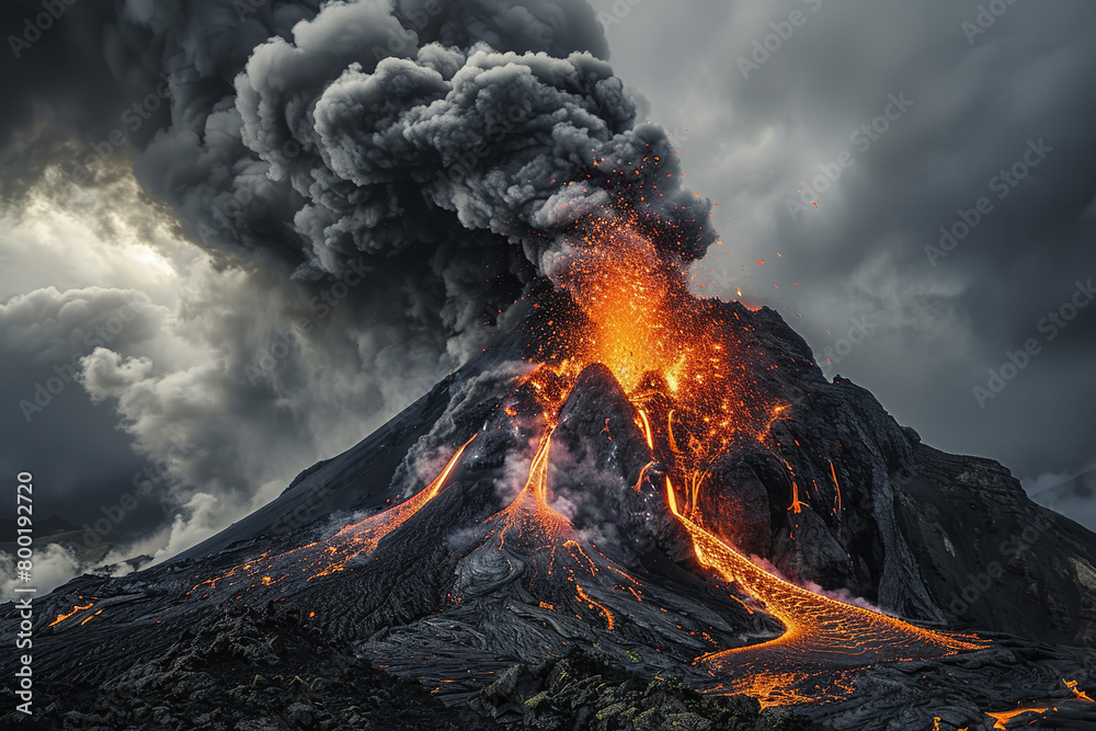 A volcanic eruption spews lava and clouds the sky with ash - capturing the essence of a fiery - hellish landscape