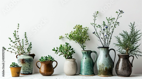 A row of houseplants in assorted flowerpots adorns the table, showcasing the beauty of nature and creative arts through botanical displays. photo