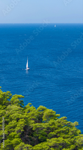 VERTICAL: Scenic aerial shot of a sailboat sailing near the lush Hvar island.