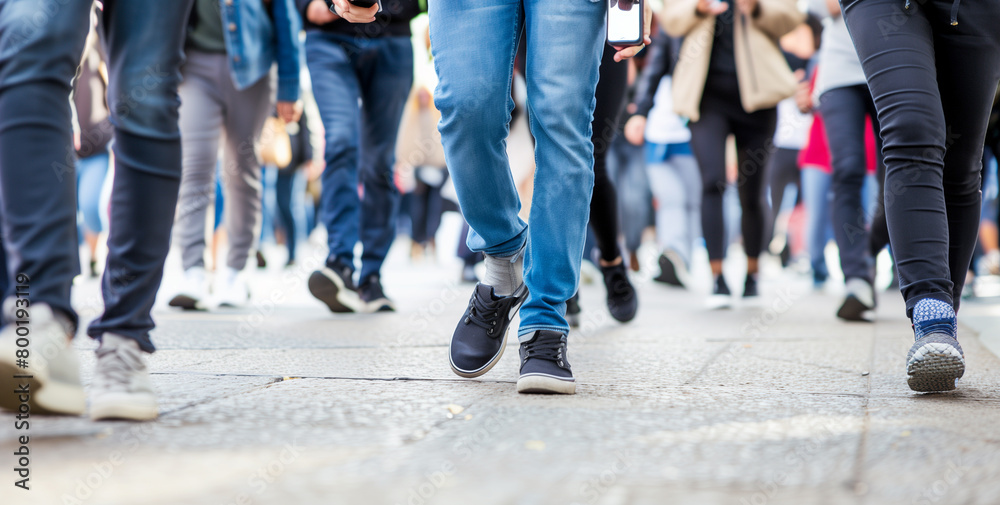 A crowd of people walking on the sidewalk, some holding phones and looking at their screens. A high resolution photo with focus on one person in motion