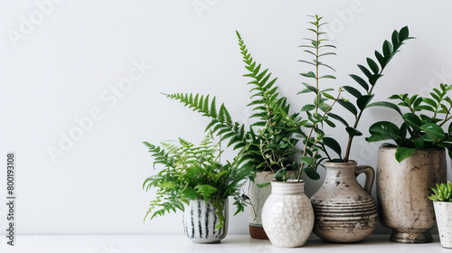 Plants in jugs on white background. Group of potted plants sitting on top of a wooden table. The plants are all different shapes and sizes, and they are all green. 