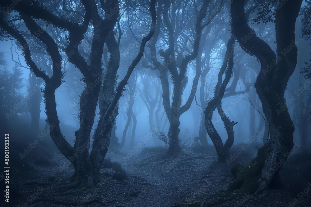 Midnight in a haunting forest - with twisted trees and thick fog - evokes the eerie sensation of walking through the gates of hell Midnight in a haunting forest - with twisted trees and thick fog - evokes the eerie sensation of walking through the gates of hell