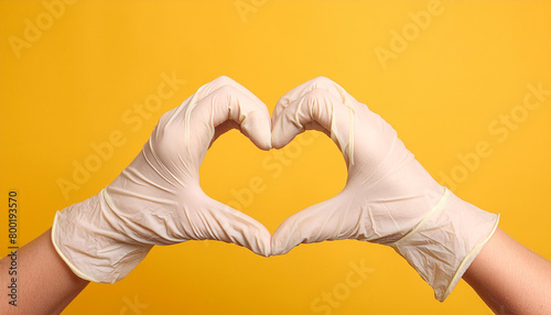 Hands in white medical gloves showing heart gesture. World health day. Yellow background.