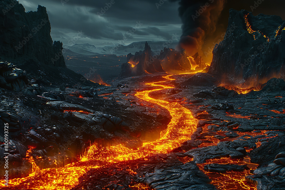 A molten river of lava flows through a desolate landscape - echoing the mythical river Styx in its fiery - hellish path