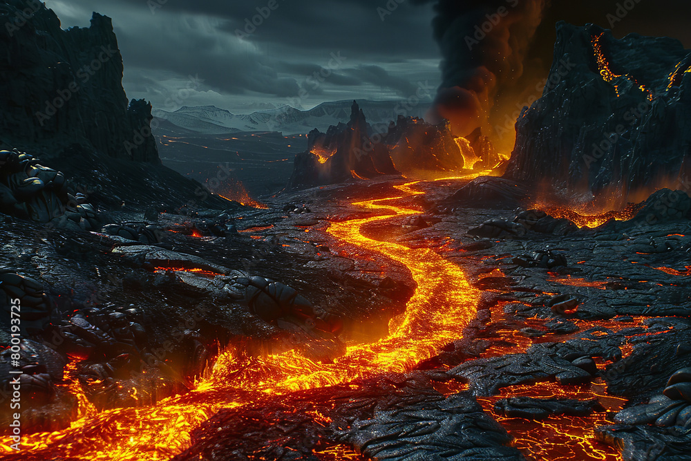 A molten river of lava flows through a desolate landscape - echoing the mythical river Styx in its fiery - hellish path A molten river of lava flows through a desolate landscape - echoing the mythical river Styx in its fiery - hellish path