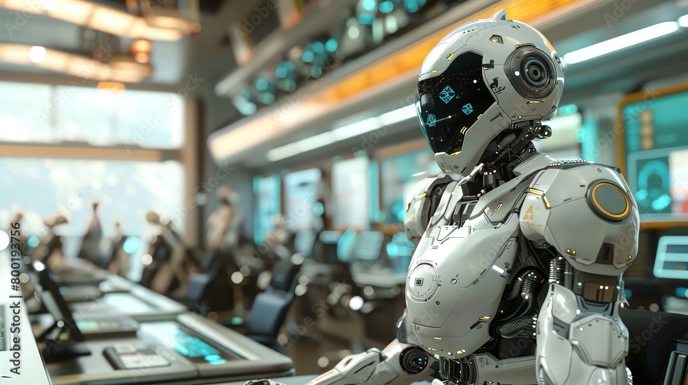 Fototapeta premium A robot is sitting in a control room, surrounded by computers. The robot is wearing a white uniform and has a serious expression on its face. It is looking at a screen.