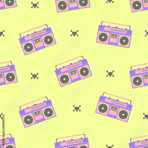 Seamless pattern with a boombox and geometric shapes.
