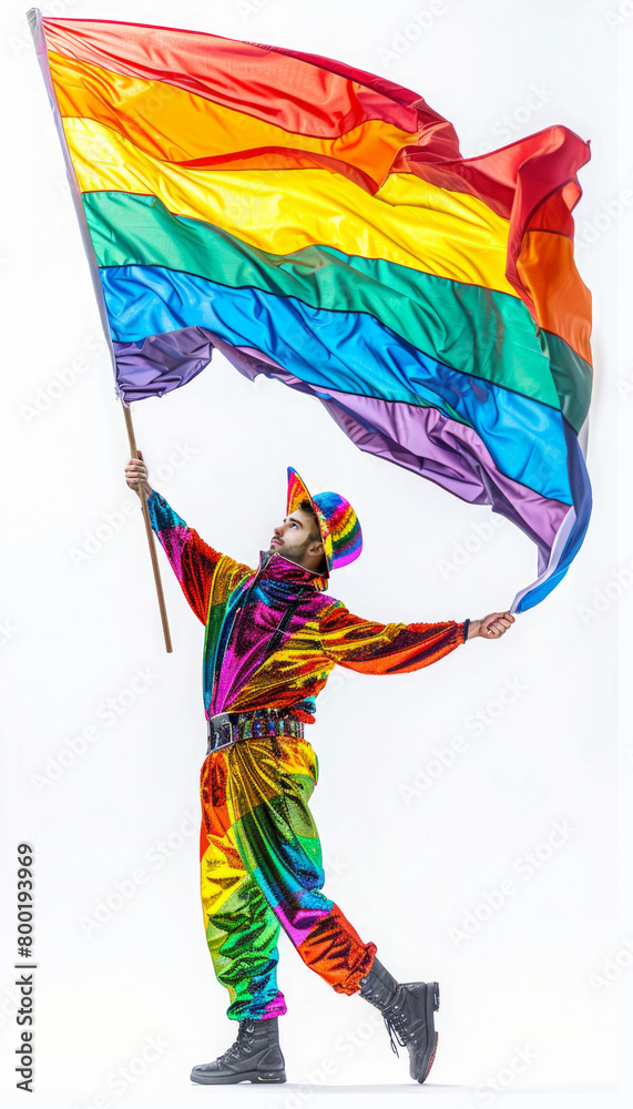 Fototapeta premium A man in a rainbow outfit holding a flag. The flag is a rainbow flag with the colors red, orange, yellow, green, blue, and purple