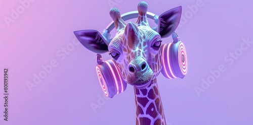 Curious giraffe with oversized holographic headphones in 3D illustration. Futuristic neo-pop style with gadgetpunk vibes. photo