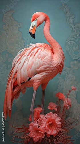 A tall pink flamingo stands on a bed of pink flowers. The background is a blueish-grey with a white floral pattern.