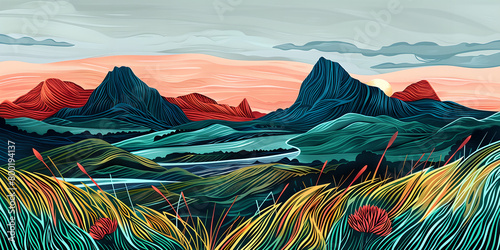 line cut of mountains and green fields  in the style of colorful layered forms  digital illustration  muted earth tones  lively coastal landscapes  bold chromaticity  