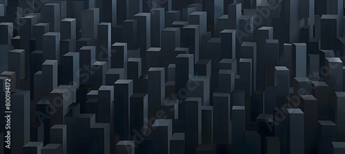 Abstract geometric shapes forming a city skyline at dusk, rendered in shades of dark gray and midnight blue, with the precision and clarity of an HD camera