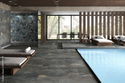 Luxury residential exterior with black and grey marble floor and walls and designed wall paper  private swimming pool  lift area. 3D Rendering