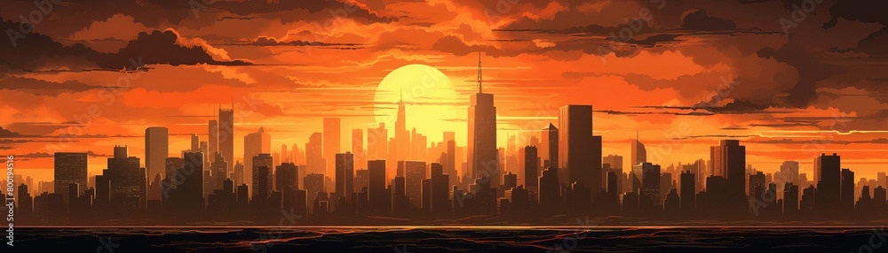 An illustration of a cityscape with a large sun setting behind it