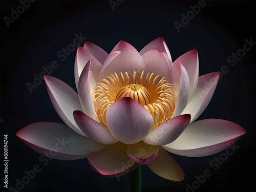 Generative AI image of beautiful lotus gracefully poised on dark backdrop (ID: 800194744)