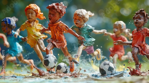 3D render of kids playing soccer made of play-doh photo