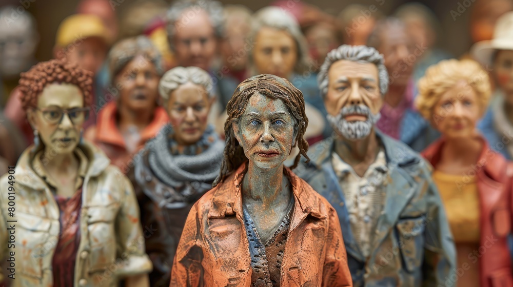 A group of small clay sculptures of people, each with unique features and expressions, arranged in a crowded but orderly fashion.