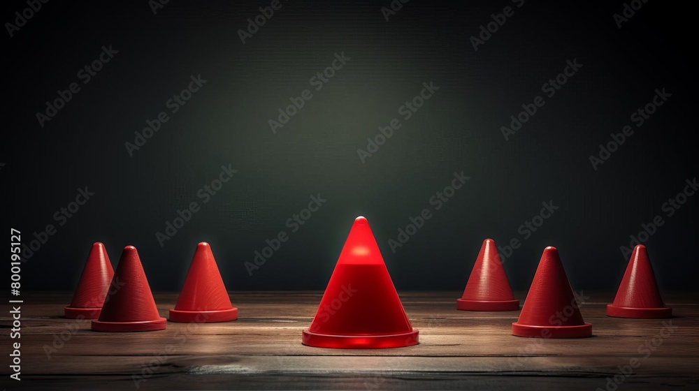 Red traffic cone standing out from the crowd Red traffic cone standing out from the crowd