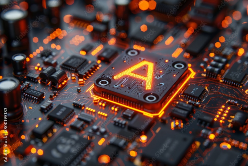 A close up detail of a computer chip, is surrounded by a black circuit board, or artificial intelligence system with an orange glowing light. A close up detail of a computer chip, is surrounded by a black circuit board, or artificial intelligence system with an orange glowing light.