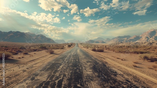 A desert landscape with a long, straight road stretching into the horizon. The road is surrounded by flat, barren land with a clear blue sky overhead.