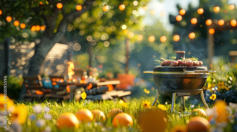 A backyard barbecue with a grill full of food, a picnic table set with food and drinks, and a fire pit with adirondack chairs in the background. A backyard barbecue with a grill full of food, a picnic table set with food and drinks, and a fire pit with adirondack chairs in the background.