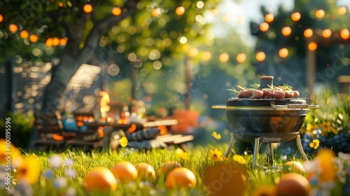 A backyard barbecue with a grill full of food, a picnic table set with food and drinks, and a fire pit with adirondack chairs in the background. photo