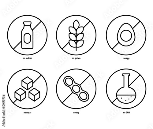 Allergen free icons set. Common allergens (gluten, lactose, eggs, soy), sugar free and GMO free labels. Round stickers with food intolerance symbols for product packaging