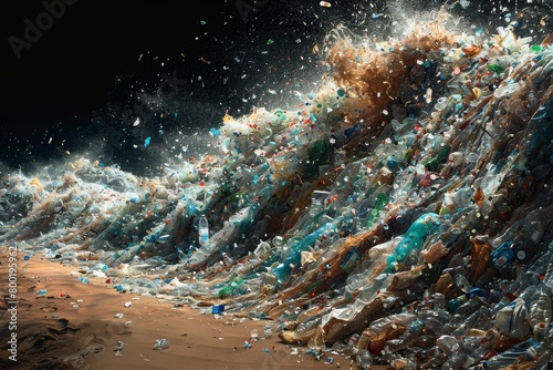 Dramatic depiction of a beach inundated with plastic waste  illustrating the critical impact of pollution on marine environments 