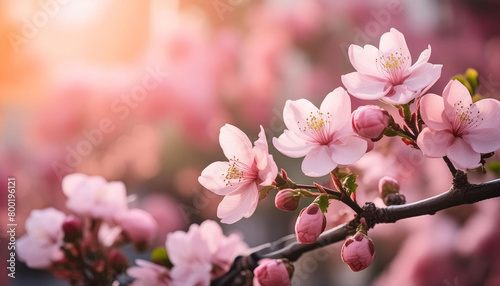 Branch of pink cherry blossoms blooming in a garden at sunset  soft blur background.