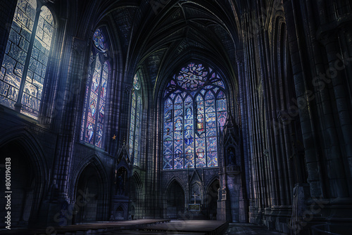 A gothic cathedral's dimly lit interior during a thunderstorm