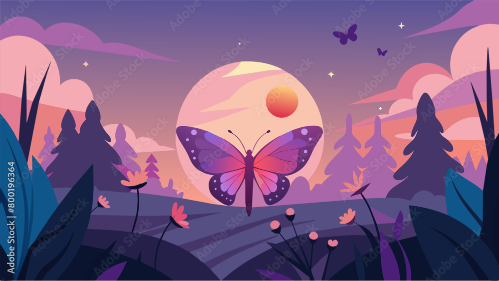As the sun sets the butterfly garden is alive with the hushed murmurs of winged creatures settling in for the night.. Vector illustration