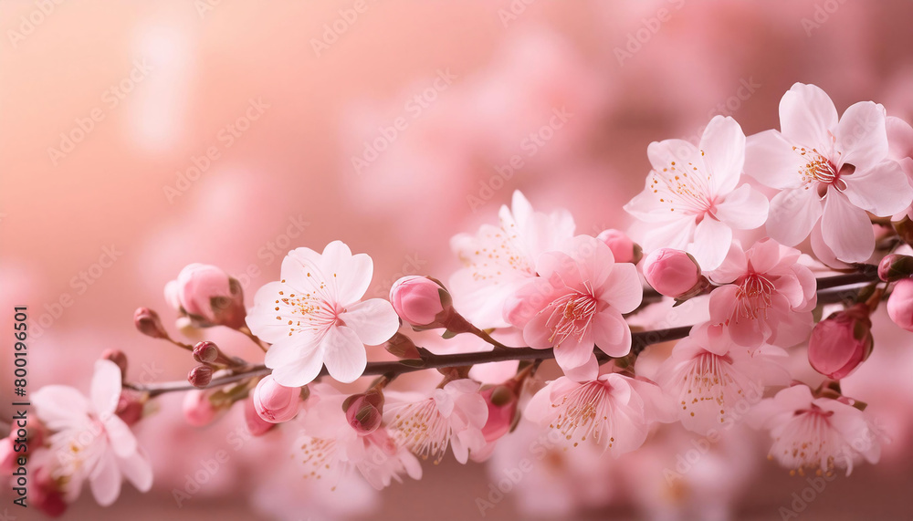 Branch of pink cherry blossoms blooming in a garden at sunset, soft blur background.
