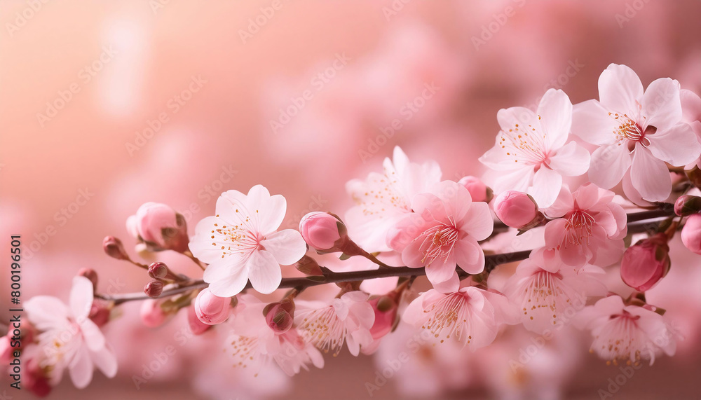 Branch of pink cherry blossoms blooming in a garden at sunset, soft blur background. Branch of pink cherry blossoms blooming in a garden at sunset, soft blur background.