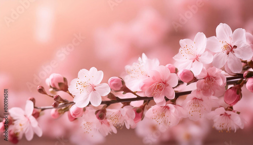 Branch of pink cherry blossoms blooming in a garden at sunset, soft blur background. © LADALIDI