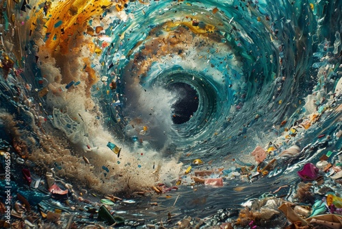 Immersive circular panorama of plastic debris, depicting the overwhelming swirl of waste engulfing natural spaces