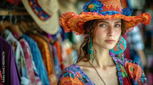 A beautiful woman wearing a colorful hat and dress is standing in a market.