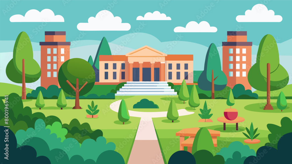 A university campus with designated gardens for students to relax and take a break from the hustle and bustle.. Vector illustration