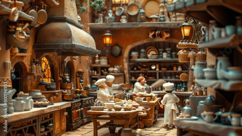 A bustling kitchen with a large stone fireplace, wooden tables and shelves stocked with ingredients and cooking utensils. Three chefs in white uniforms are preparing food.