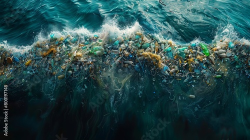 Gripping Aerial Shot of Ocean Surface Cluttered with Plastic Waste and Debris, Concept of Environmental Pollution and Ocean Conservation