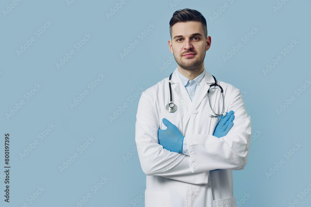 Doctor banner. Man with Stethoscope on a blue studio color. Happy nurse in protective gloves wearing scrubs, provide checkup, examine patient in clinic. Medical care, insurance, prescription or career Doctor banner. Man with Stethoscope on a blue studio color. Happy nurse in protective gloves wearing scrubs, provide checkup, examine patient in clinic. Medical care, insurance, prescription or career