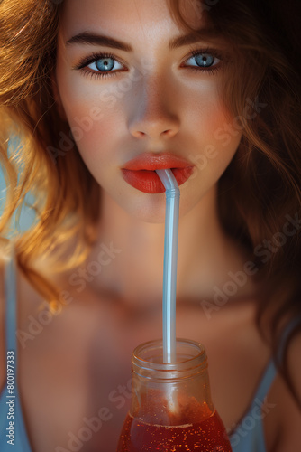 Close up of Woman's Mouth Drinking with Straw