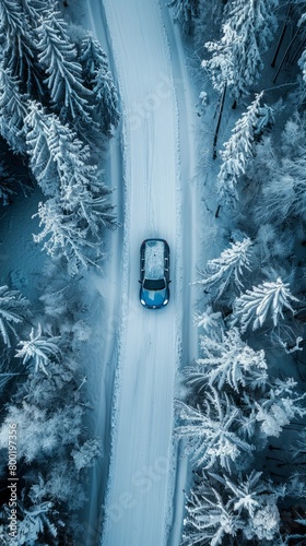 Snowy road filmed from above with a drone, winter landscape photo