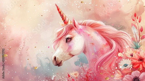 Whimsical watercolor illustration of a unicorn in millennial pink, surrounded by a halo of light pastel flowers photo