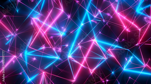 A complex geometric pattern with intersecting sharp lines illuminated by vibrant neon colors of blue and pink  contrasting with a deep black background  resembling an HD photograph